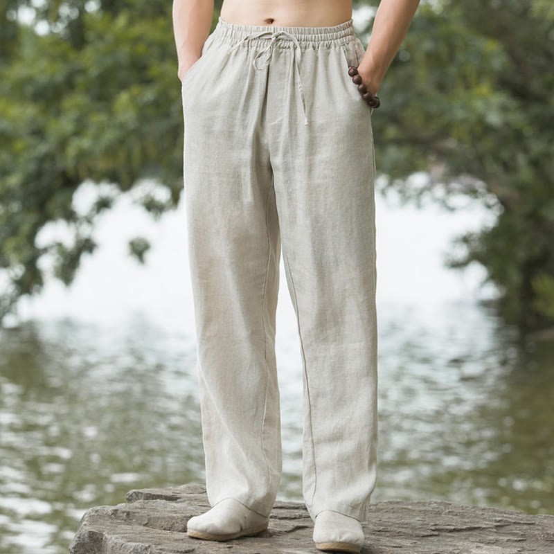 Solid Color Linen Men's Wide Leg Pants With Pockets