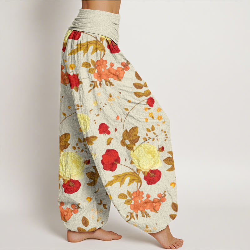Rose Flowers Leaves Totem Pattern Women's Elastic Waist Harem Pants
