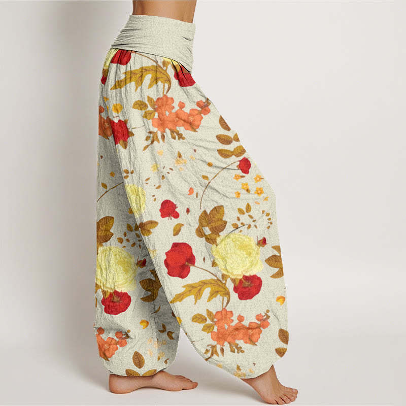 Rose Flowers Leaves Totem Pattern Women's Elastic Waist Harem Pants