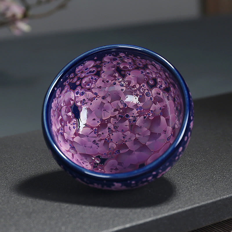 Colorful Iris Flowers Chinese Jianzhan Kiln Change Porcelain Teacup Tenmoku Kung Fu Tea Cup