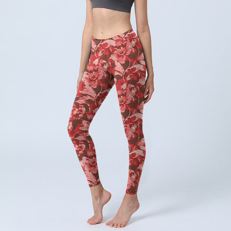 Red Flowers Print Sports Fitness Leggings Women's Yoga Pants