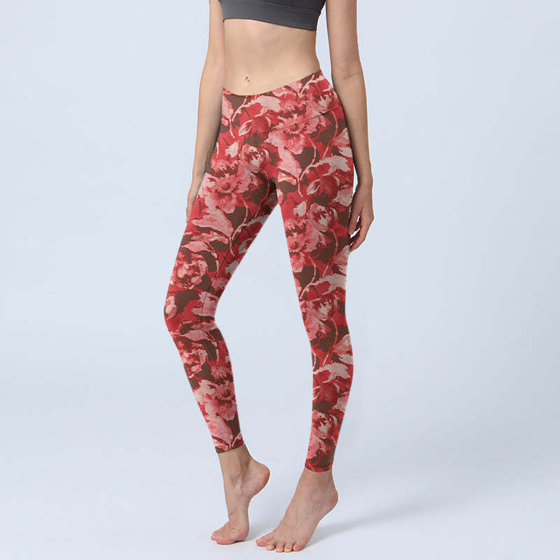 Red Flowers Print Sports Fitness Leggings Women's Yoga Pants