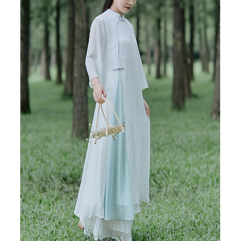 Three Quarter Sleeve Chiffon Cheongsam Midi Dress Wide Leg Pants Meditation Zen Practice Clothing