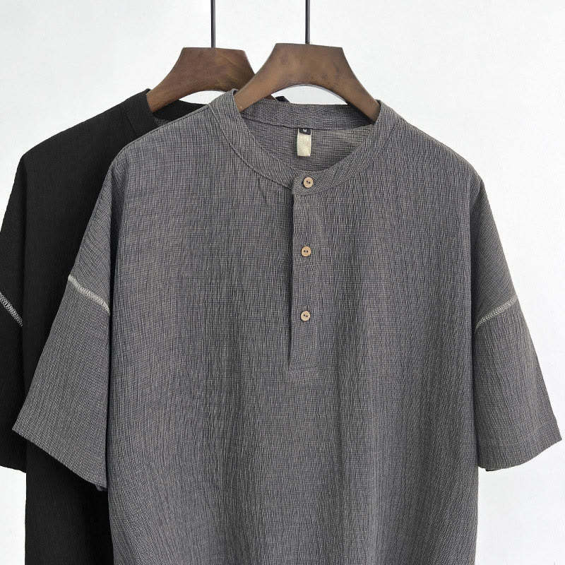 Summer Solid Color Men Short Sleeve Button Shirt
