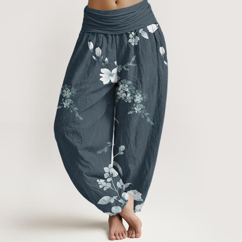 Blooming And Budding Flowers With Leaves Pattern Women's Elastic Waist Harem Pants