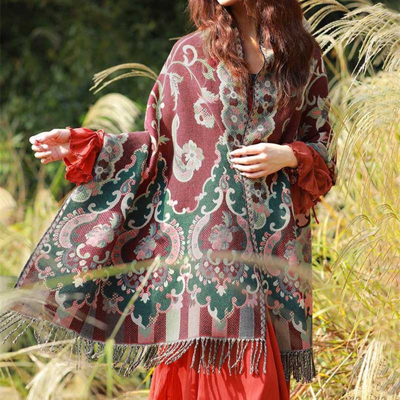 Tibetan Flowers Leaves Branch Design Tassel Shawl Cozy Travel Scarf Wrap