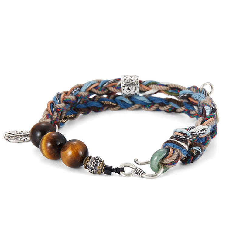 925 Sterling Silver Tiger's Eye Colorful Cotton Rope Handmade Willpower Bracelet