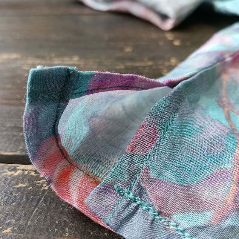 Pink Flowers Green Leaves Print Frog-button Design Long Sleeve Ramie Linen Jacket Shirt