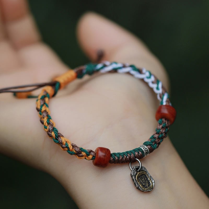 Handmade Tibetan Silver 925 Sterling Silver Zakiram Goddess of Wealth Camel Bone Protection Braided Bracelet