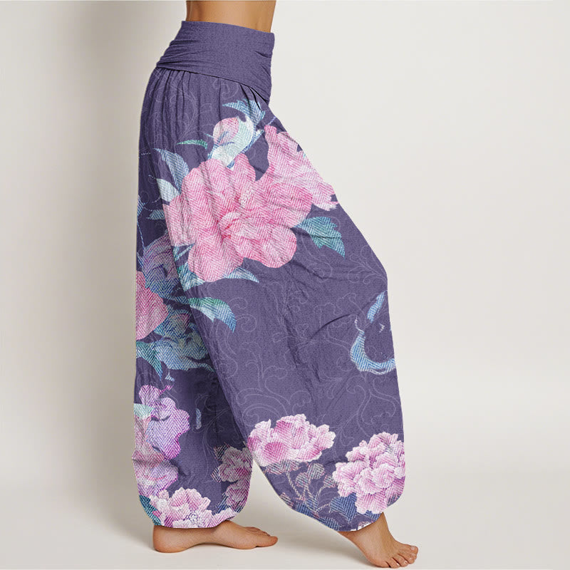 Casual Bright Peony Flower Grass Women's Elastic Waist Harem Pants