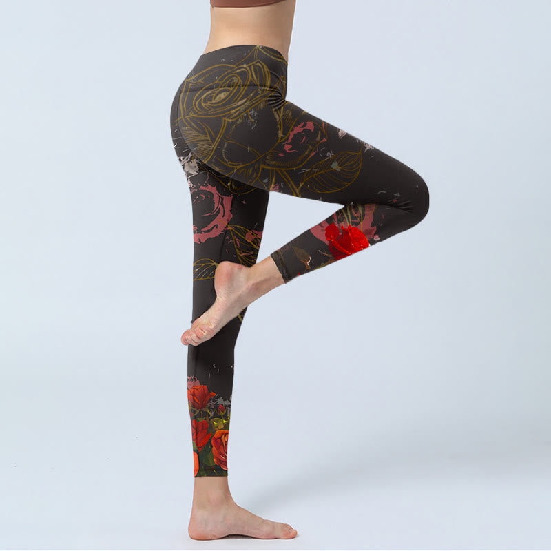 Red Roses Print Gym Leggings Women's Yoga Pants