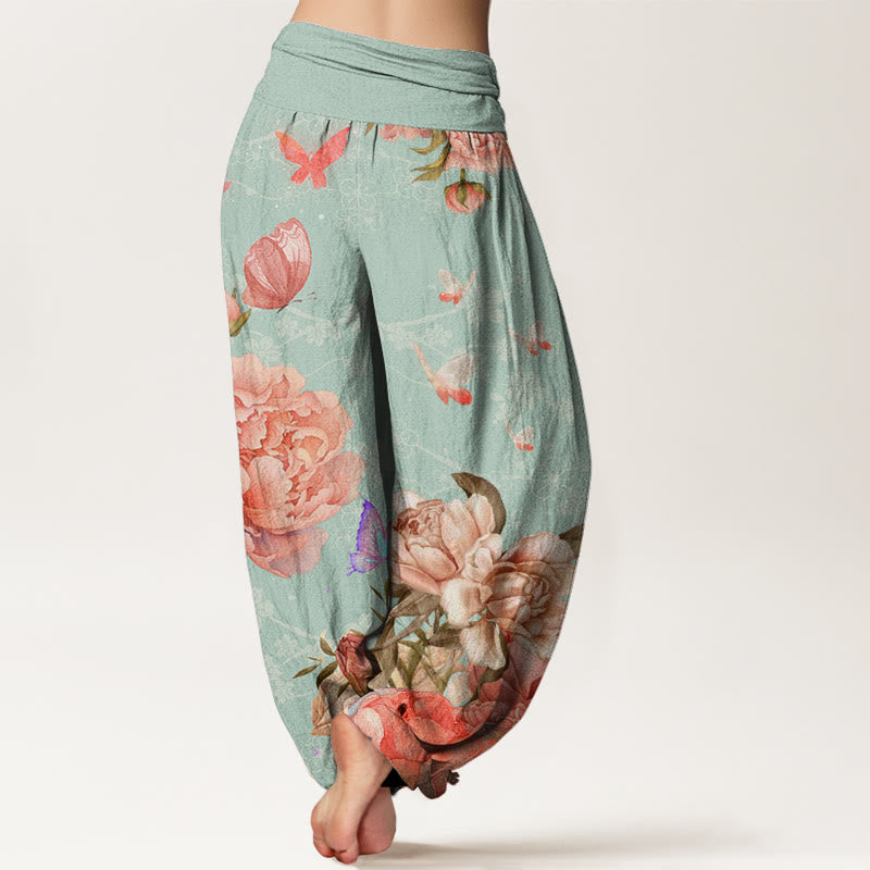 Casual Bright Peony Flower Butterfly Women's Elastic Waist Harem Pants