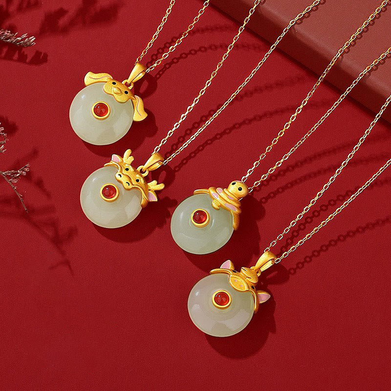 925 Sterling Silver Hetian Jade Chinese Zodiac Year of the Dragon Red Agate Luck Protection Necklace Pendant (Extra 30% Off | USE CODE: FS30)