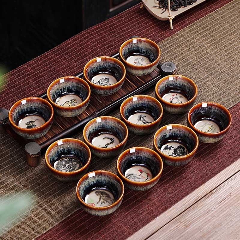 12 Chinese Zodiac Pattern Ceramic Teacup Kung Fu Jian Chinese Zhan Tea Cup 73ml