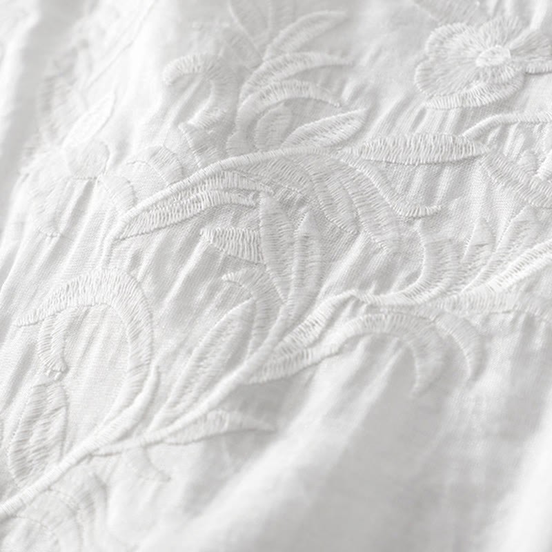 Summer White Pure Color Embroidery Leaf Flower V-Neck Short Sleeve Cotton Linen Midi Dress With Pockets