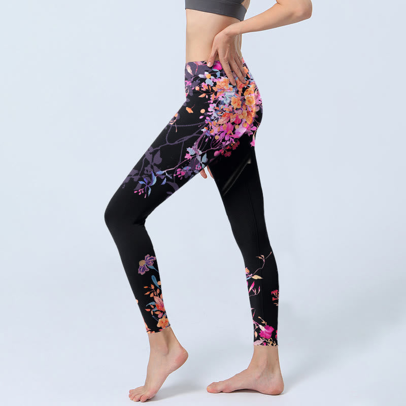 Black Pink Floral Leaves Print Gym Leggings Women's Yoga Pants