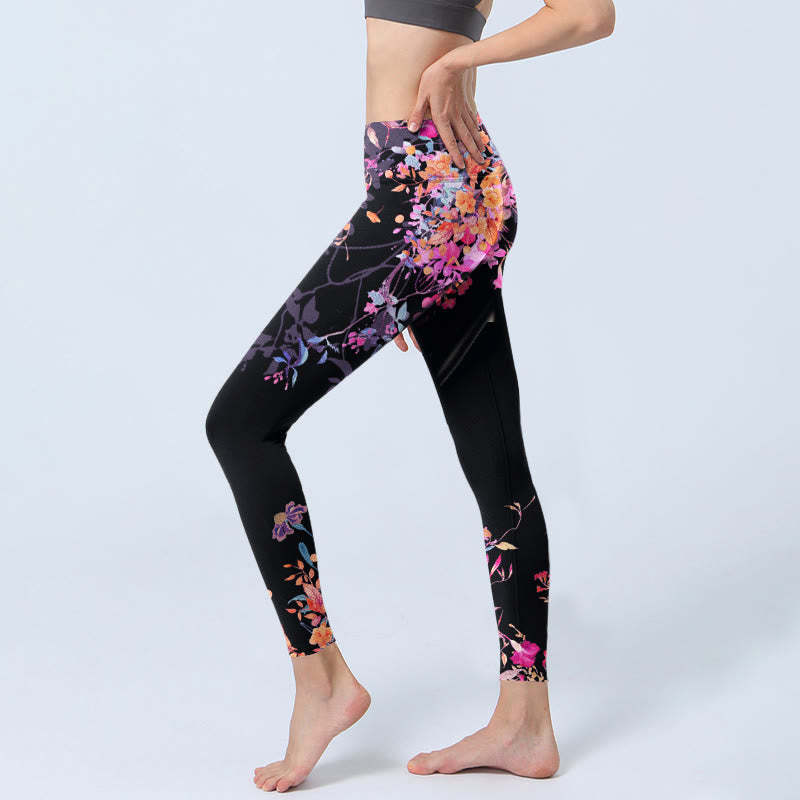 Black Pink Floral Leaves Print Gym Leggings Women's Yoga Pants