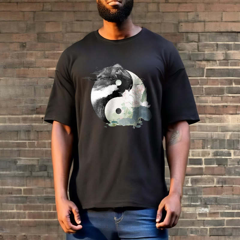 Yin Yang Lotus Leaf Ink Painting Cotton Tee T-shirt