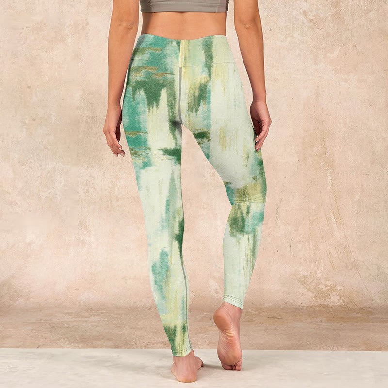 Beige Green Tie Dye Print Exercise Leggings Women's Yoga Pants