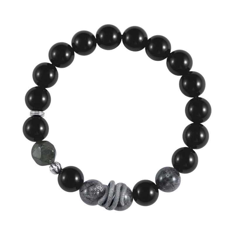 Black Obsidian Black Rutilated Quartz 925 Sterling Silver Year Of The Snake Purification Bracelet