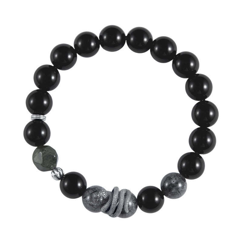 Black Obsidian Black Rutilated Quartz 925 Sterling Silver Year Of The Snake Purification Bracelet