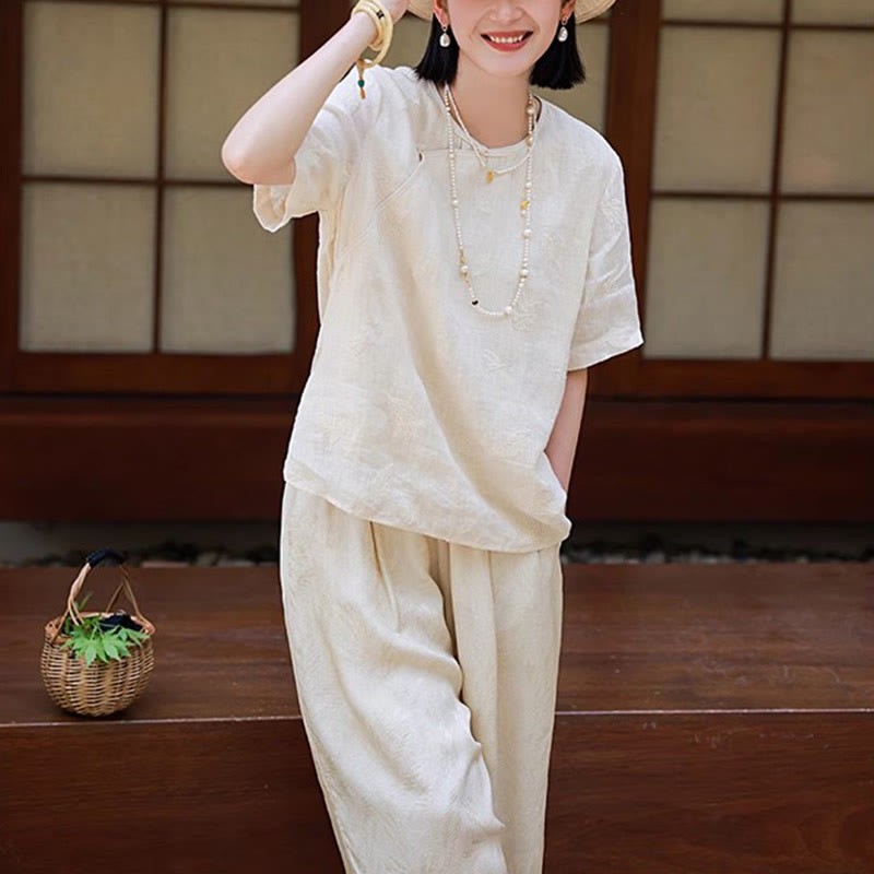 Ramie Linen Loose Blouse Short Sleeve Shirt Chinese Style Top