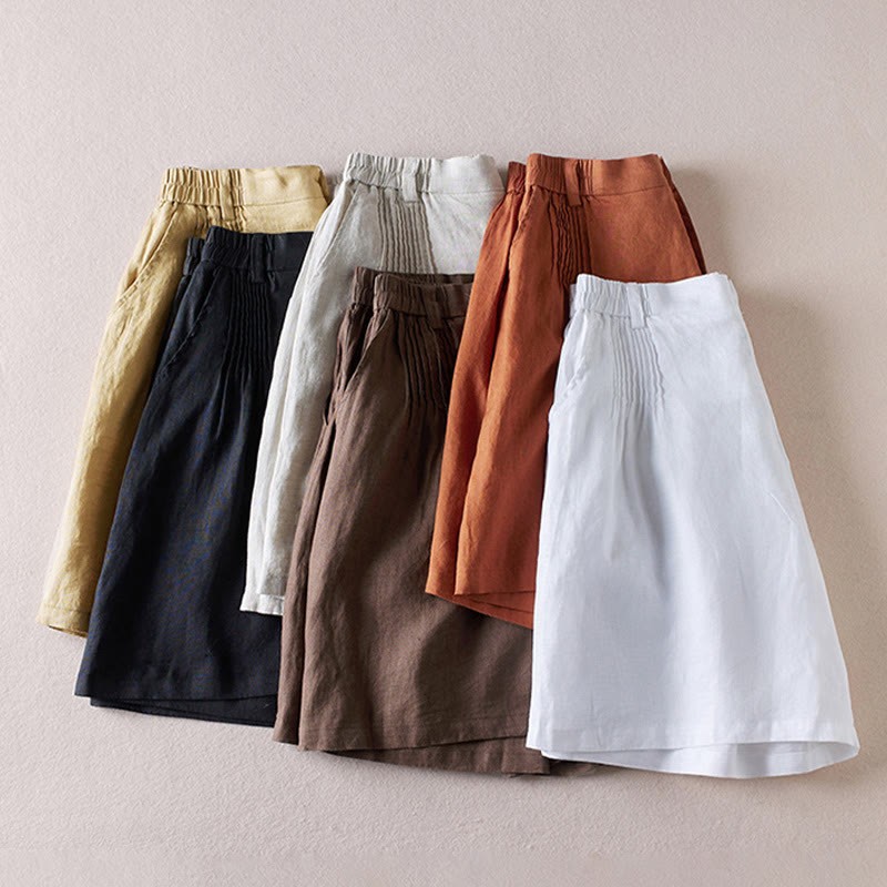 Summer Daily Simple Wrinkle Design Cotton Linen Women's Shorts With Pockets