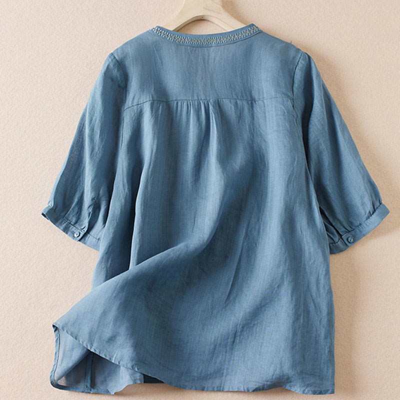Casual Embroidery Plants Women's V-Neck Design Half Sleeve Cotton Blended Shirt