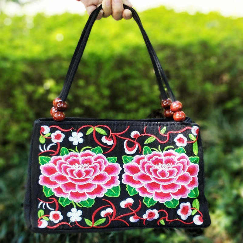 Galsang Inula Flower Peony Peacock Double-Sided Embroidery Canvas Shopping Purse Handbag
