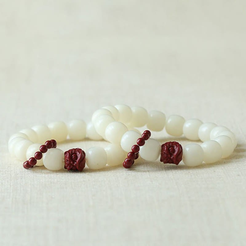 Natural Bodhi Seed Cinnabar Dancing Lion Charm Wisdom Harmony Wrist Mala