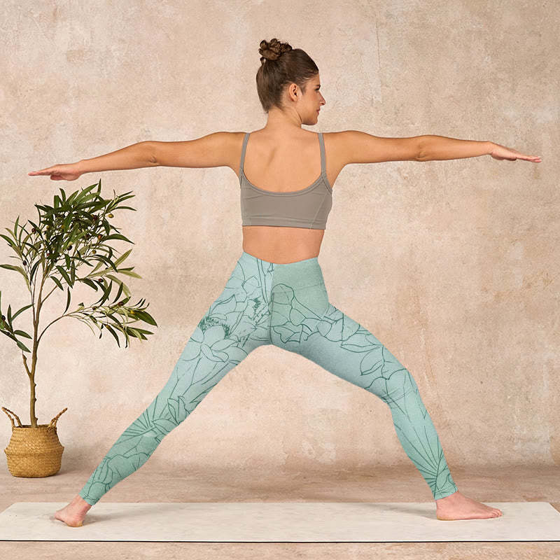 Green Lotus Flower Print Sports Leggings Women's Yoga Pants