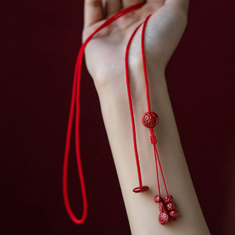 Natural Cinnabar Chinese Zodiac?Ruyi Handle Fu Character Lotus Blessing Red String Belly Chain