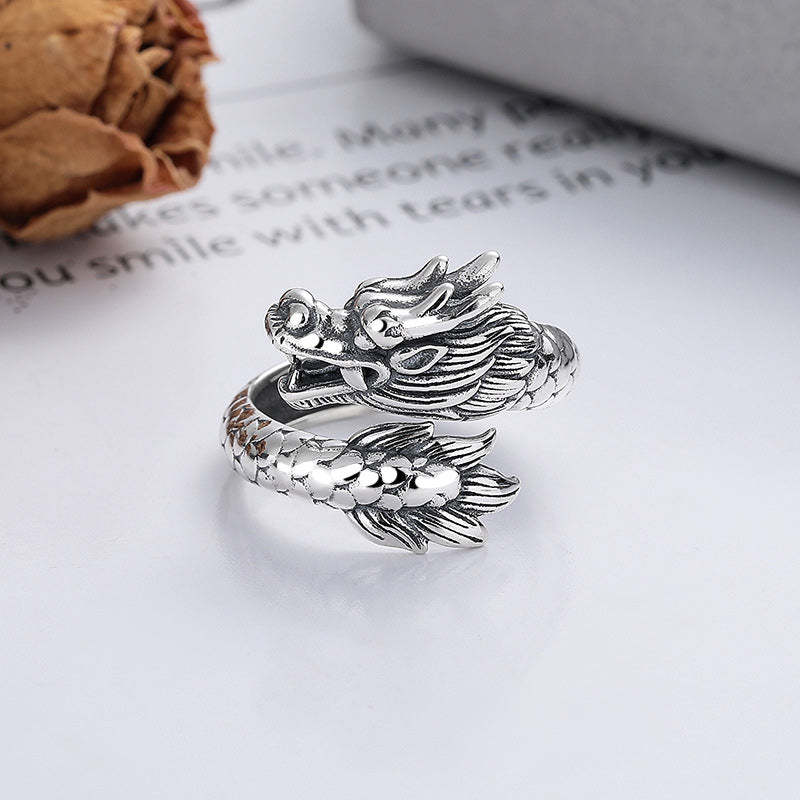 925 Sterling Silver Year Of The Dragon Luck Strength Adjustable Metal Ring
