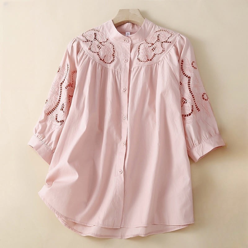 Casual Embroidery Flower Hole Design Three Quarter Sleeve Cotton Linen Women's Shirt