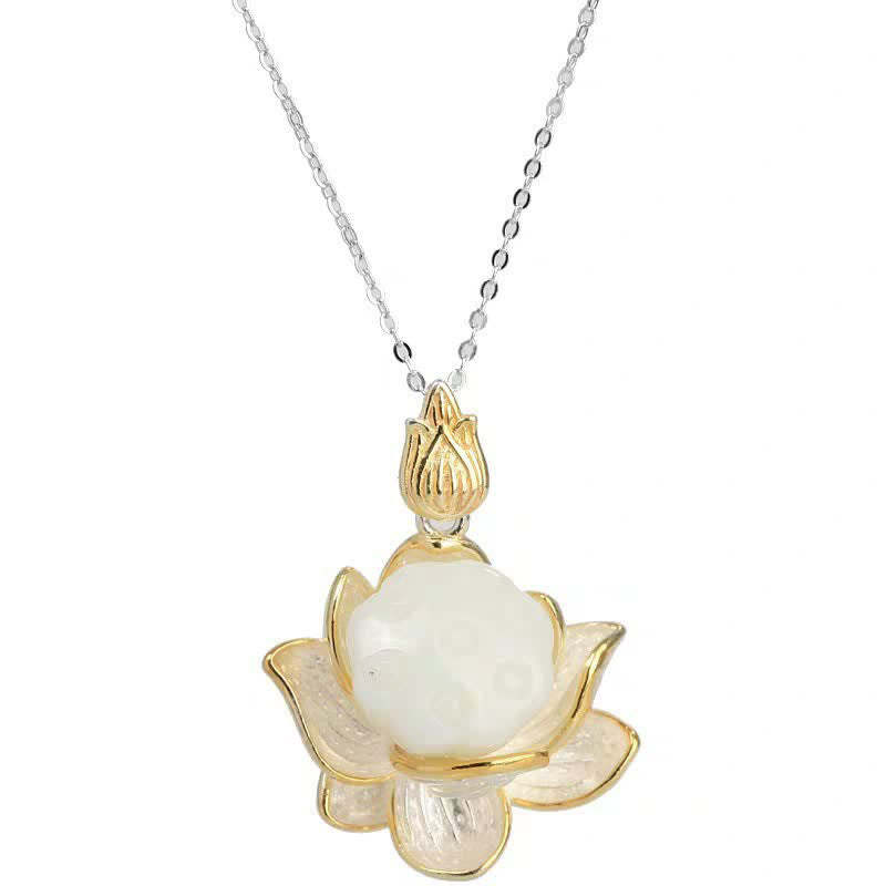 White Jade Lotus Flower Happiness Necklace