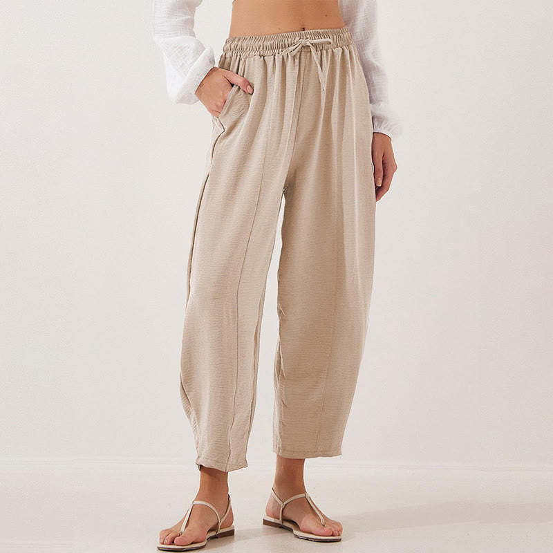 Casual Plain Loose Drawstring Women's Polyester 7/8 Length Pants  With Pockets