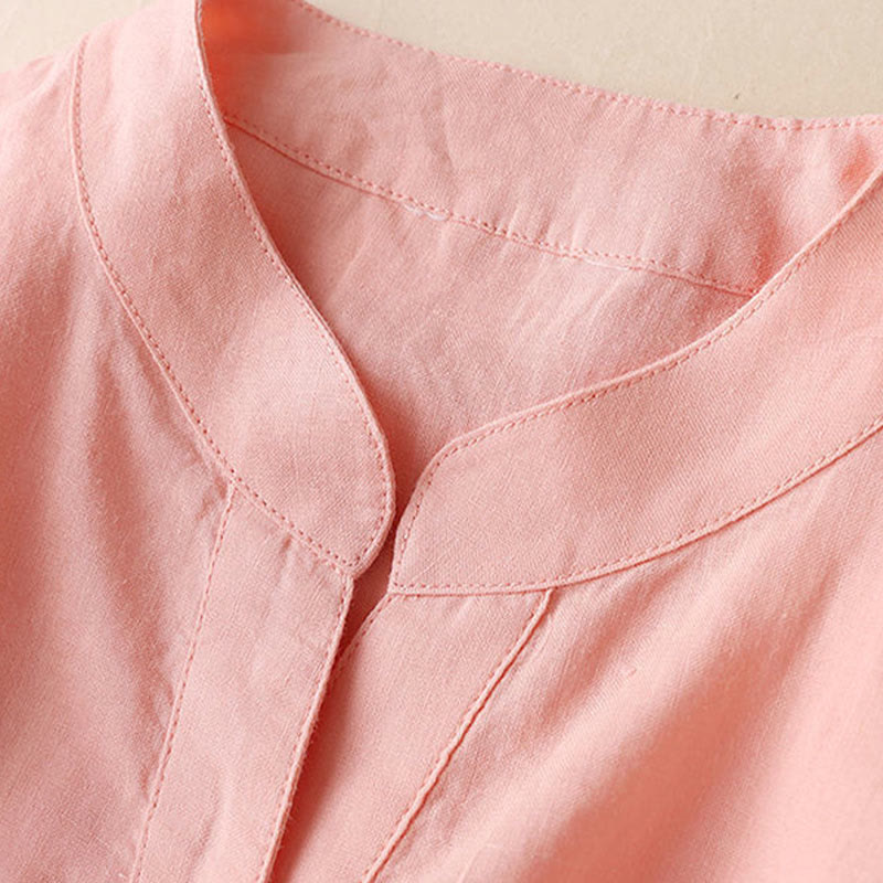 Casual Women's V-neck Three Quarter Sleeve Design Plain Cotton Linen Shirt