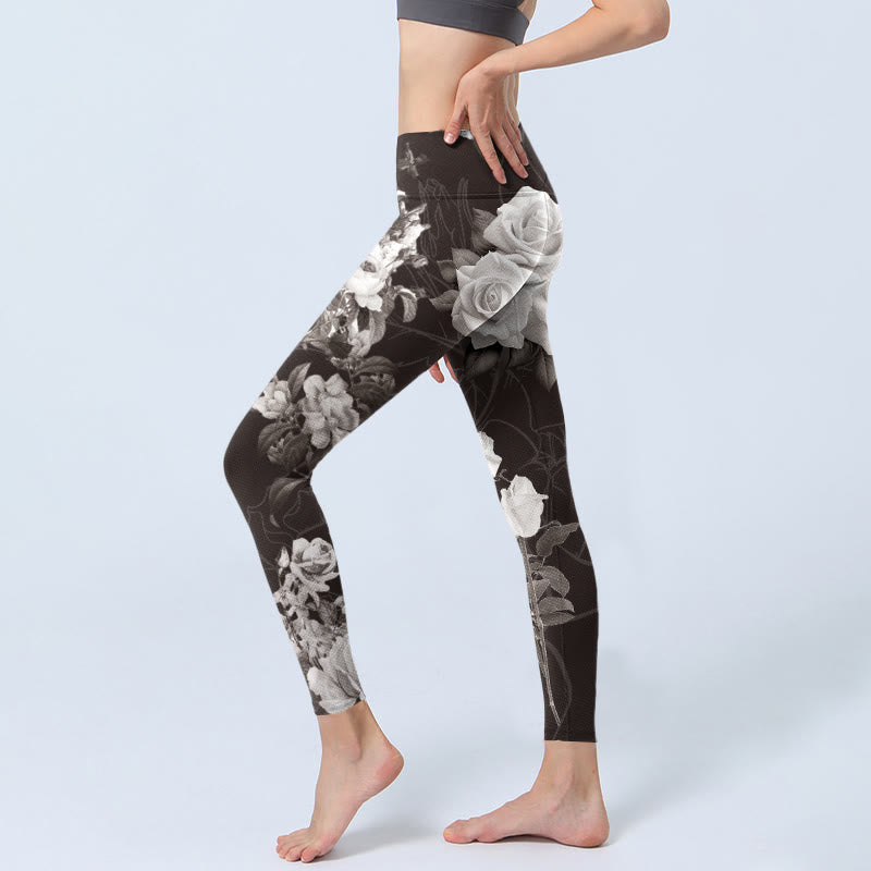 Gray White Rose Print Gym Fitness Leggings Women's Yoga Pants