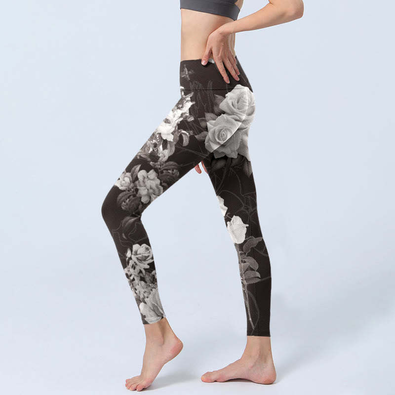 Gray White Rose Print Gym Fitness Leggings Women's Yoga Pants