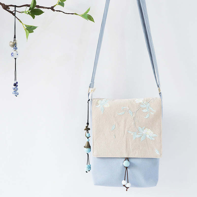 Handmade Embroidered Plum Flowers Canvas Crossbody Bag Shoulder Bag Handbag
