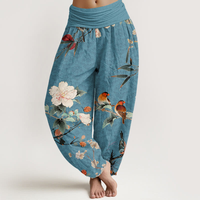 Warbler Bird Blooming Flower Branches Mandala Pattern Women's Elastic Waist Harem Pants