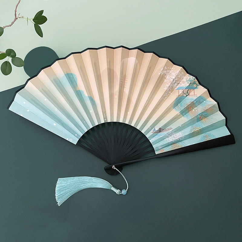 Retro Lotus Flower Leaf Mountain Lake Handheld Folding Fan With Bamboo Frames