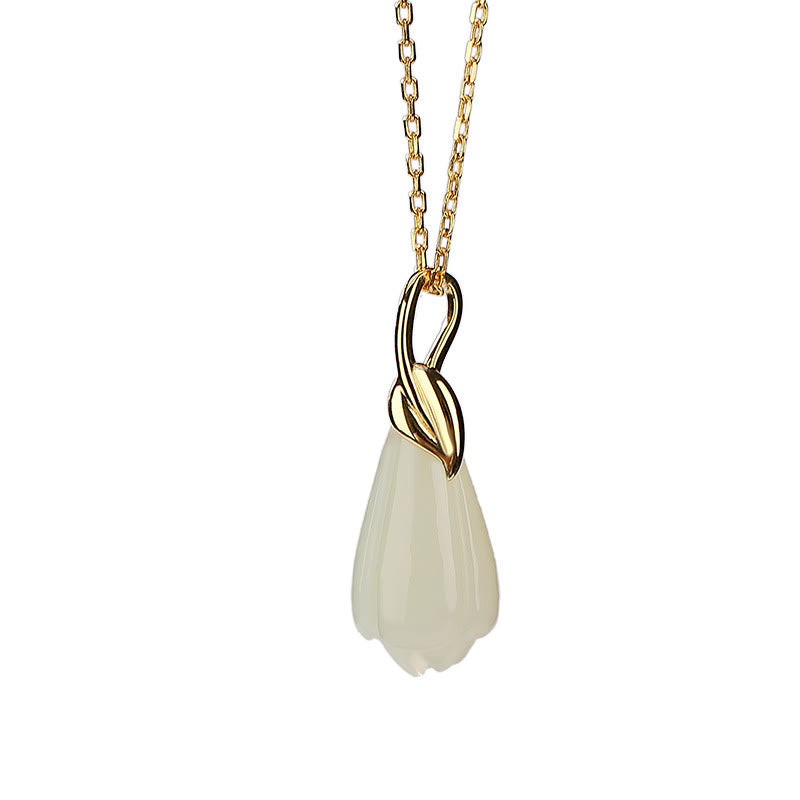 925 Sterling Silver Plated Gold Natural Hetian Jade Magnolia Flower Abundance Necklace Pendant