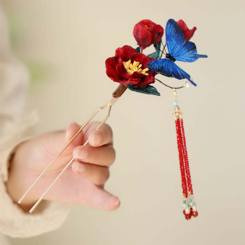 Classical Chinese Style Red Flower Blue Butterfly Hairpin