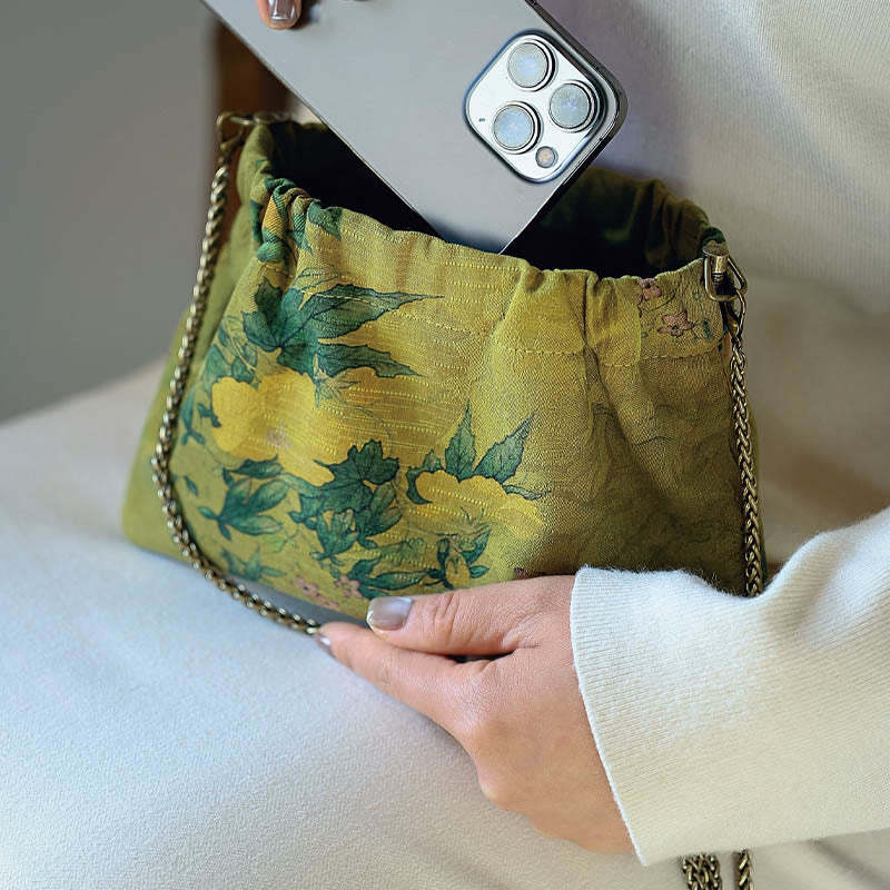 Yellow Green Flower Black Persimmon Metal Chain Crossbody Bag Shoulder Bag Handbag