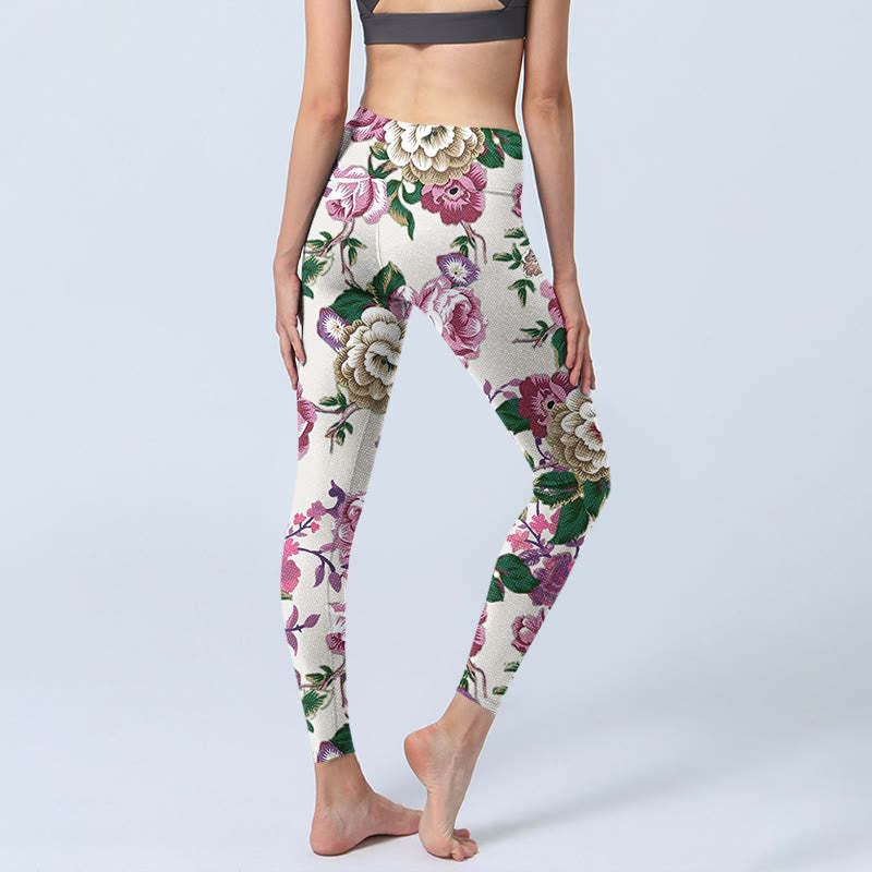 Red White Peony Flower Print Sports Leggings Women's Yoga Pants