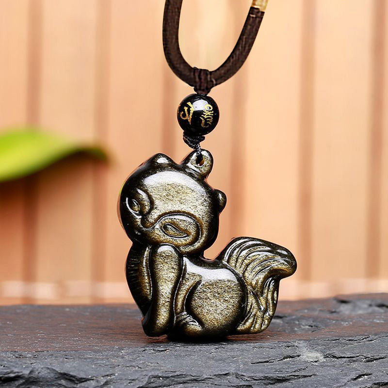 Natural Rainbow Obsidian Gold Sheen Obsidian Nine Tailed Fox Positive Necklace Pendant