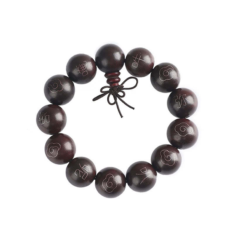925 Sterling Silver Inlaid Small Leaf Red Sandalwood Om Mani Padme Hum Character Auspicious Clouds Protection Bracelet