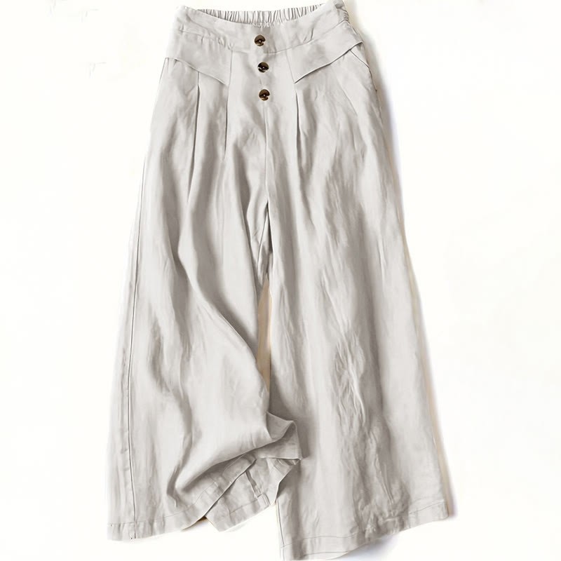 Retro Casual High Waist Cotton Linen Women's Wide Leg Pants With Pockets