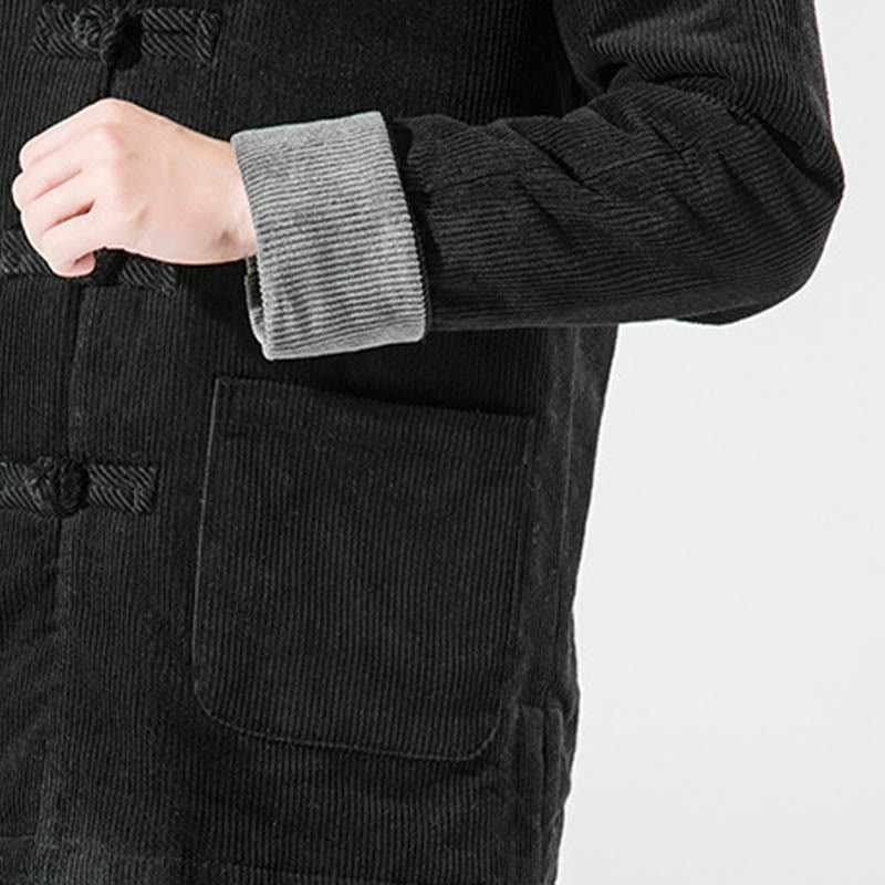 Frog-Button Chinese Tang Suit Stand Collar Long Shirt Corduroy Men Cotton Jacket Clothing
